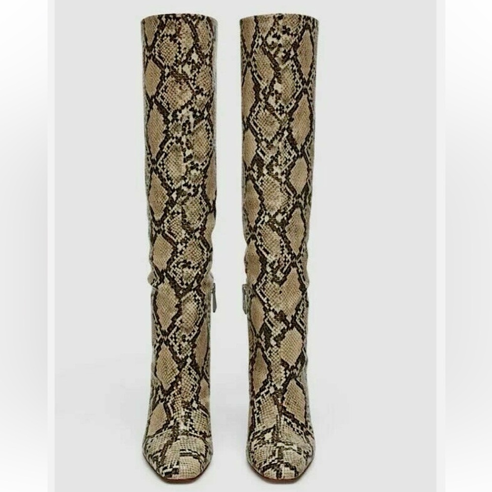 Zara knee high boots snakeskin block heel size 37 - 4” heel